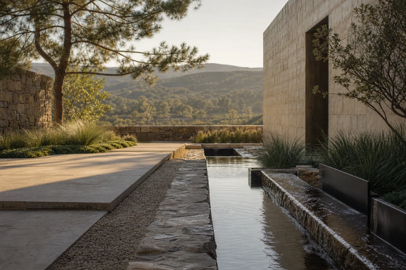 Private courtyard landscape with architectural planting and warm stone