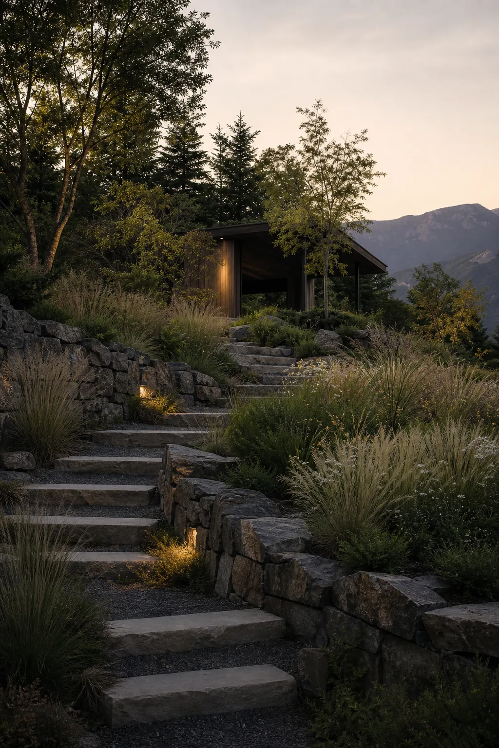 Terraced landscape system with calm architectural geometry
