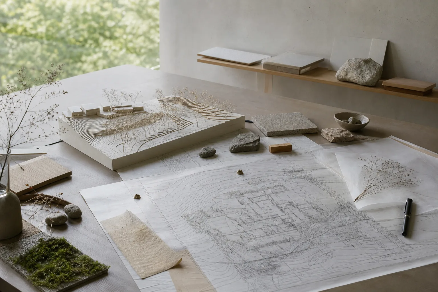 Studio table with architectural material and landscape studies